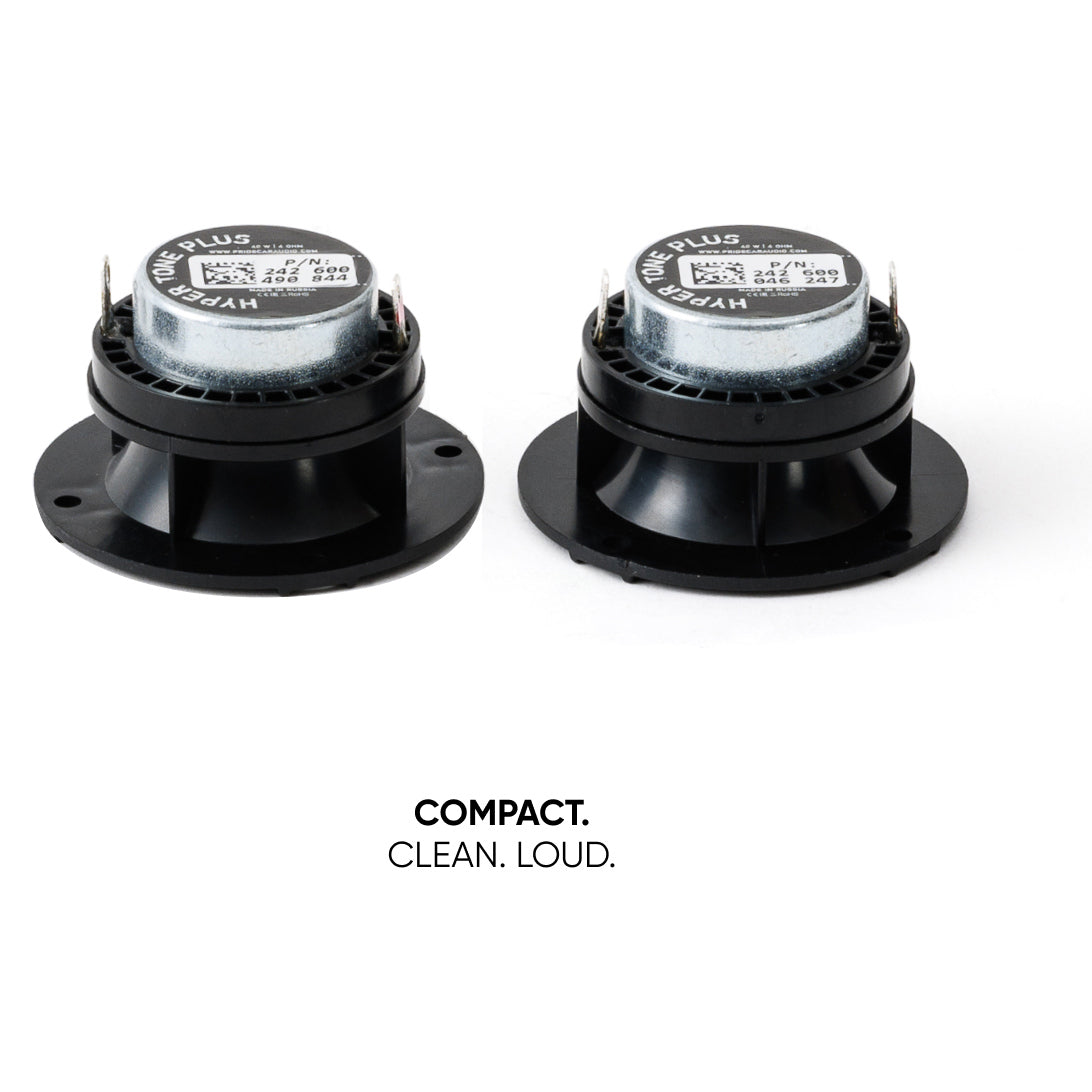 Pride Hyper Tone Plus tweeters shown from the rear, with labeled magnets and black horn bodies