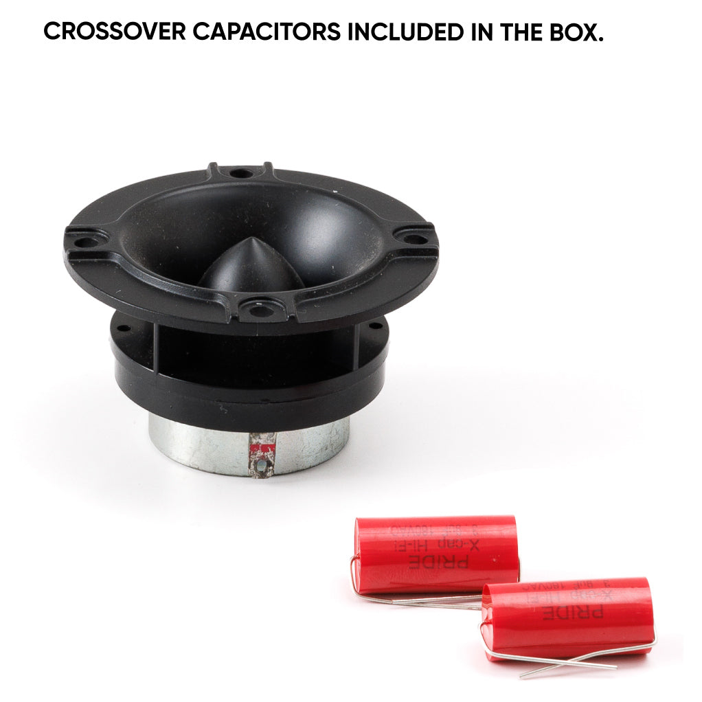 Pride horn tweeter with two red crossover capacitors, labeled as included in the box