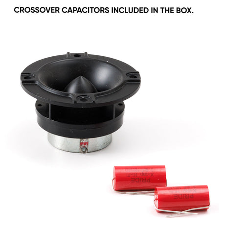 Pride horn tweeter with two red crossover capacitors, labeled as included in the box