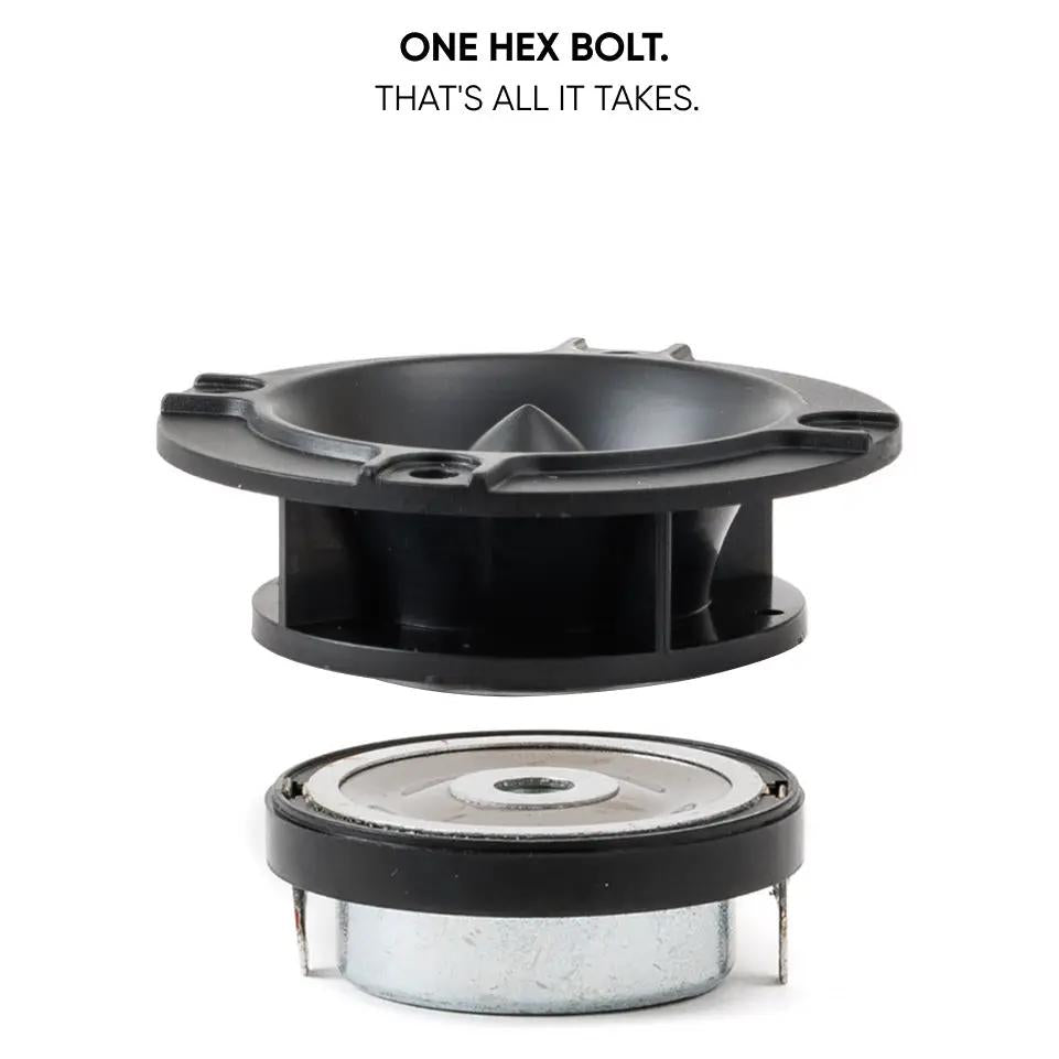Horn tweeter separated from its magnet assembly, with a one-hex-bolt disassembly message