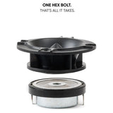 Horn tweeter separated from its magnet assembly, with a one-hex-bolt disassembly message
