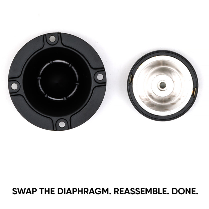 Disassembled horn tweeter with a message to swap the diaphragm and reassemble