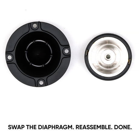 Disassembled horn tweeter with a message to swap the diaphragm and reassemble