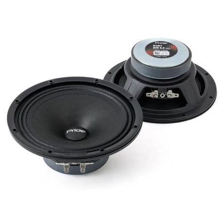 Pride Ruby Air speakers shown from the front and rear, with black cones and labeled magnets