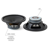 Pride speaker graphic highlighting the hybrid magnetic system, 4-ohm impedance and 100 W RMS rating