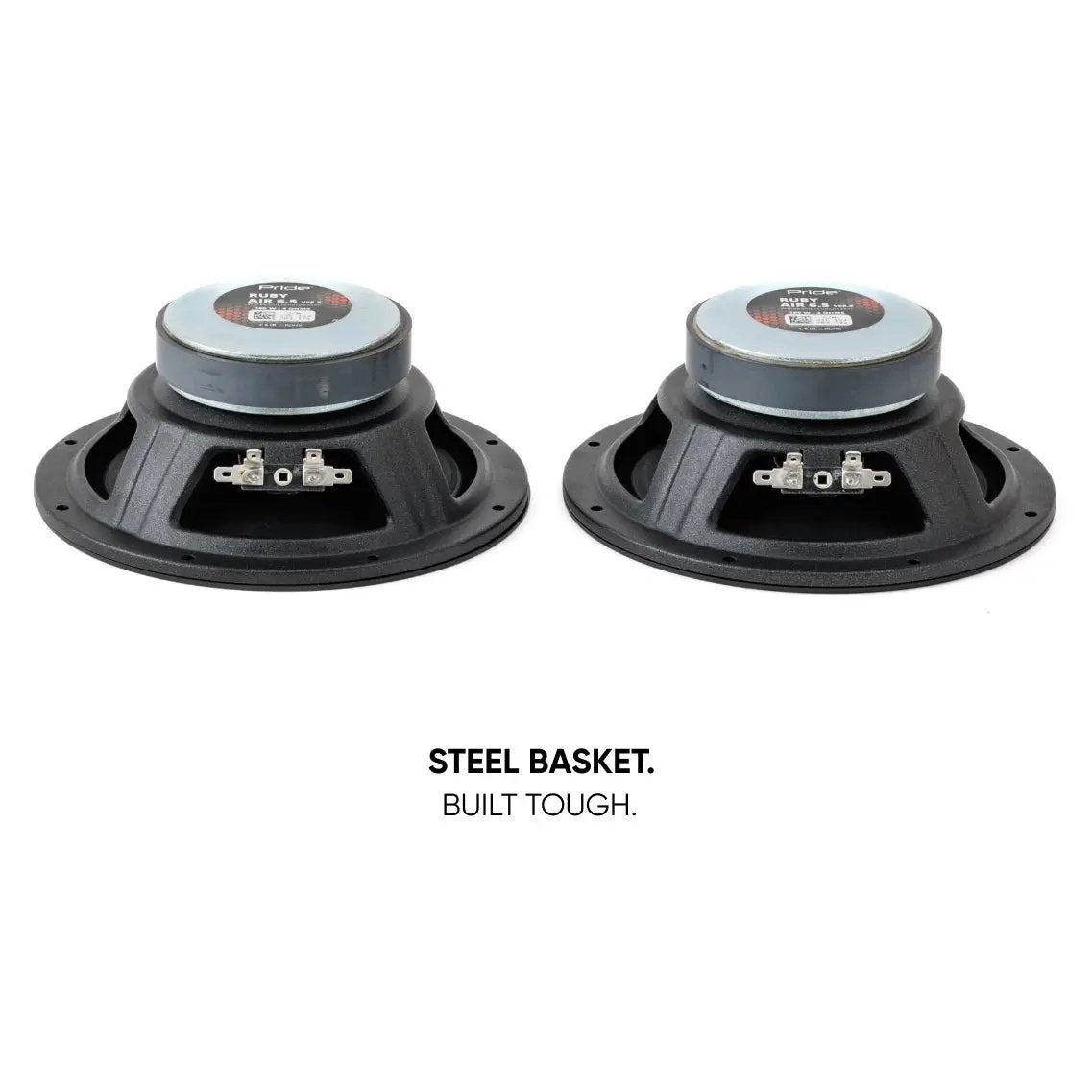 Pride speaker pair, rear views highlighting the steel baskets