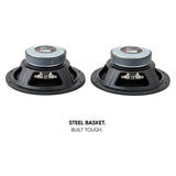 Pride speaker pair, rear views highlighting the steel baskets