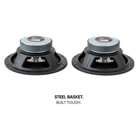 Pride speaker pair, rear views highlighting the steel baskets