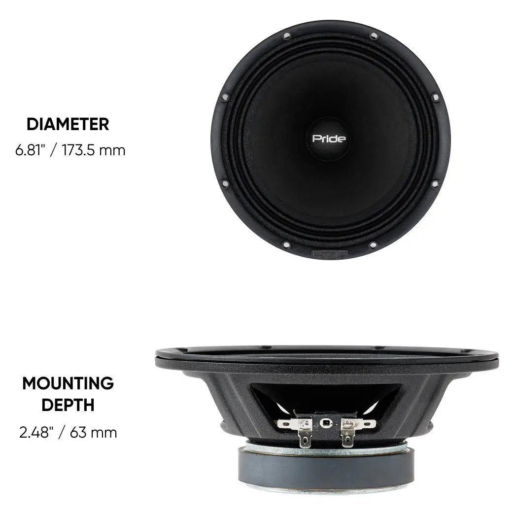 Pride speaker dimension graphic showing a 173.5 mm diameter and 63 mm mounting depth