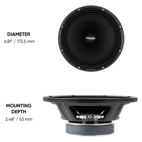 Pride speaker dimension graphic showing a 173.5 mm diameter and 63 mm mounting depth