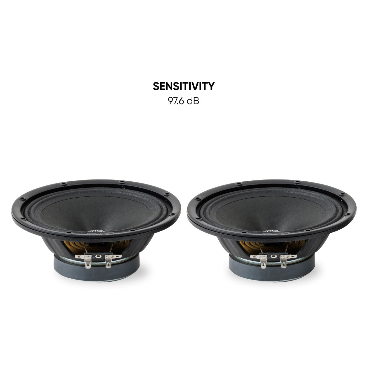 Pride speaker pair in angled front views with a 97.6 dB sensitivity callout
