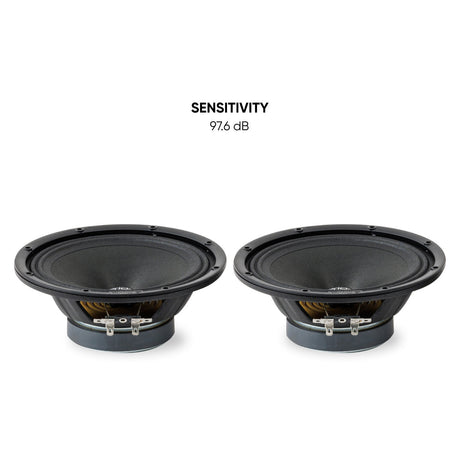 Pride speaker pair in angled front views with a 97.6 dB sensitivity callout