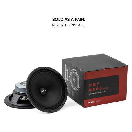Pride Ruby Air 6.5 v2 speaker pair beside the labeled retail box