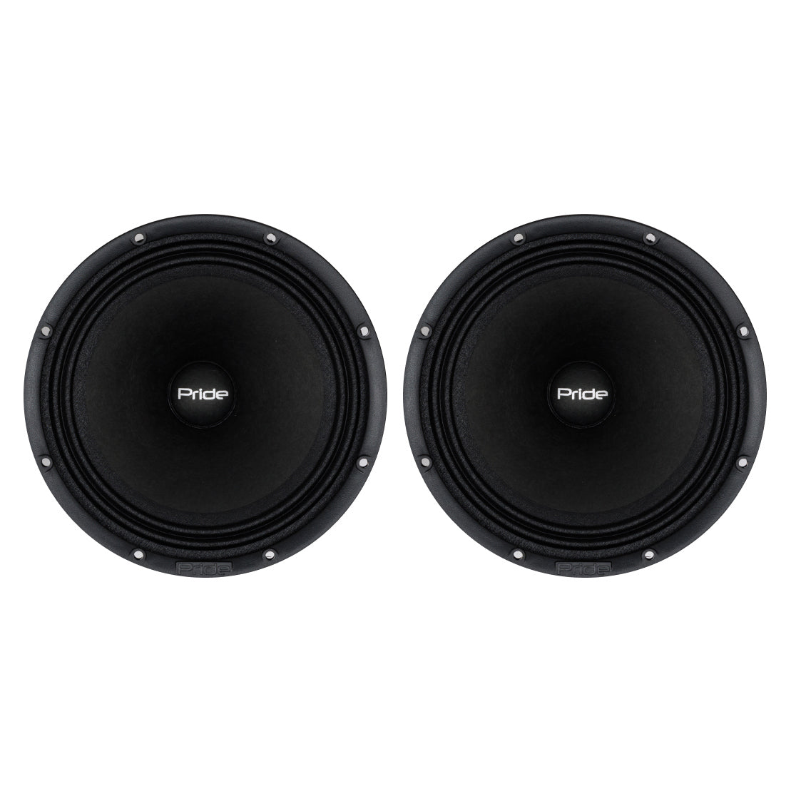 Front view of two black Pride speakers with round mounting rims