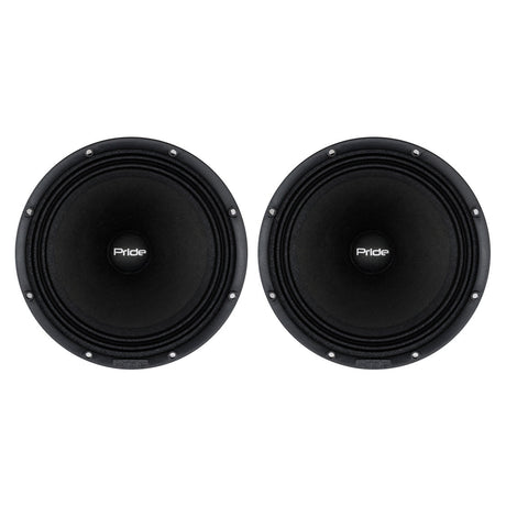 Front view of two black Pride speakers with round mounting rims