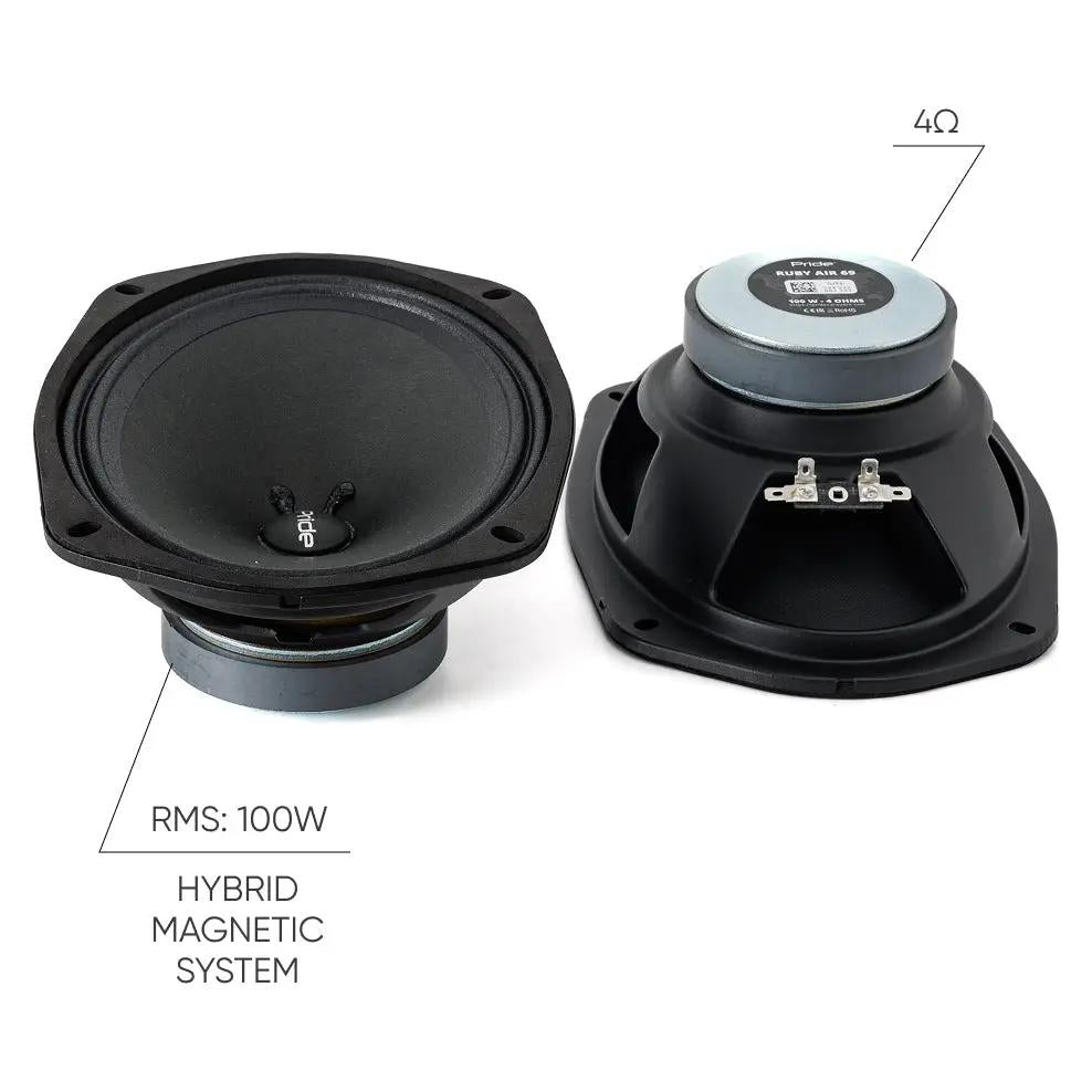 Pride Ruby Air 69 front and rear views with labels for 4 ohms, 100 watts RMS and a hybrid magnetic system