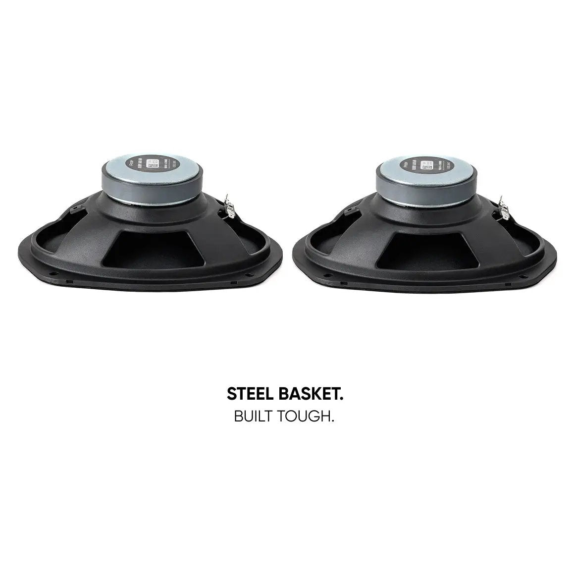 Rear angled view of two oval Pride speakers with a steel-basket construction callout