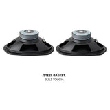 Rear angled view of two oval Pride speakers with a steel-basket construction callout
