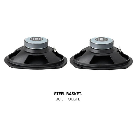 Rear angled view of two oval Pride speakers with a steel-basket construction callout