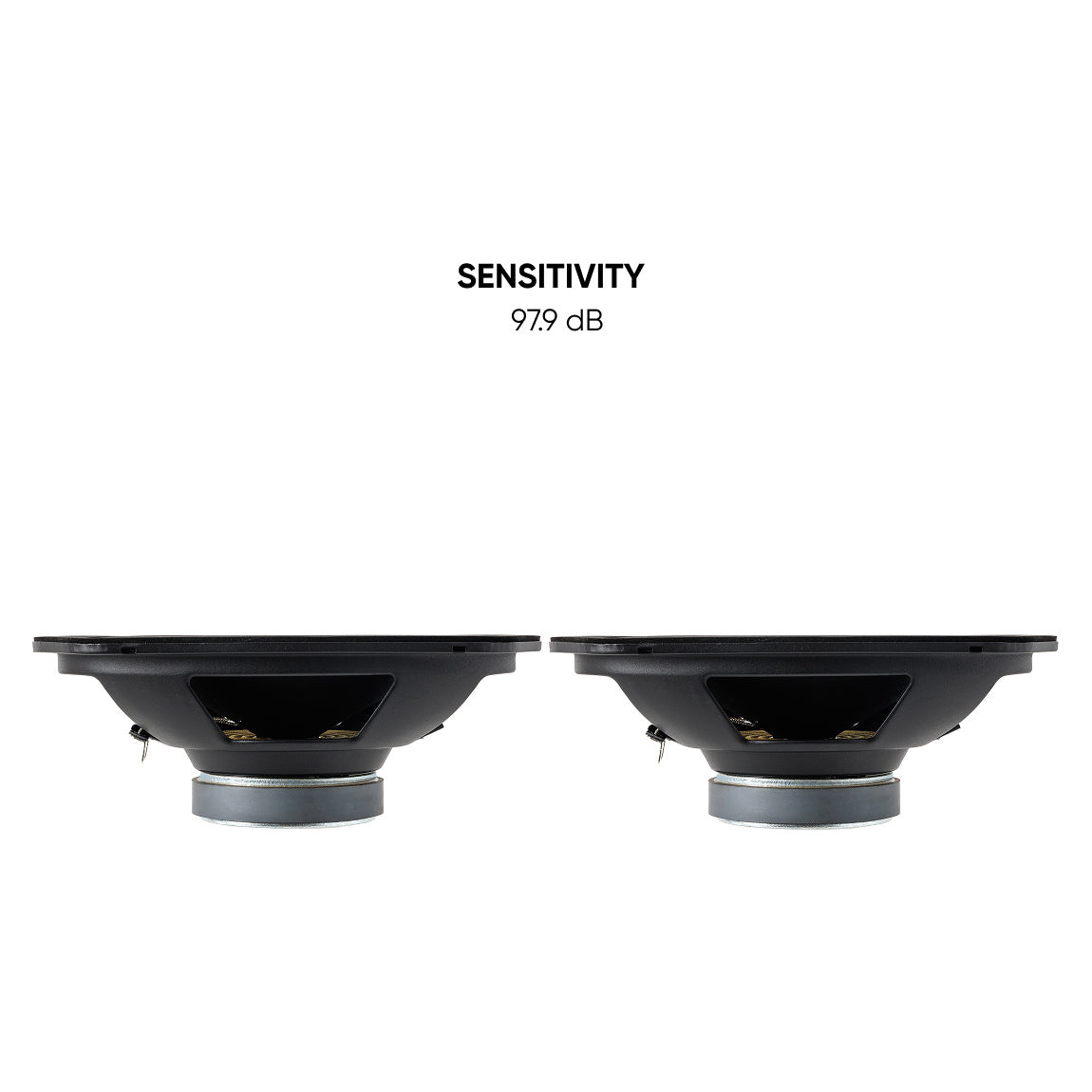 Pride Ruby Air 69 speakers in side view, with a 97.9 dB sensitivity callout