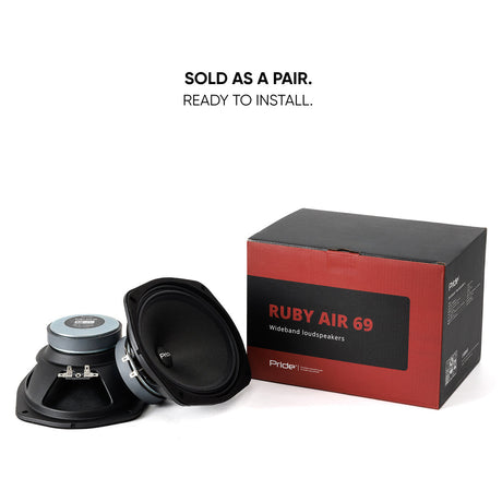 Pair of Pride Ruby Air oval speakers displayed with their product box