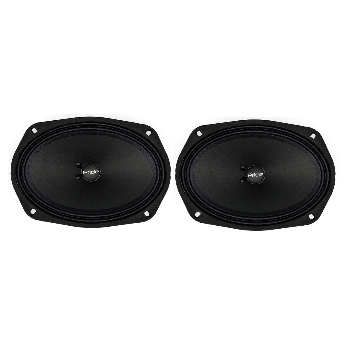 Front view of two oval black Pride speakers