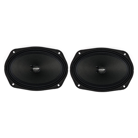 Front view of two oval black Pride speakers