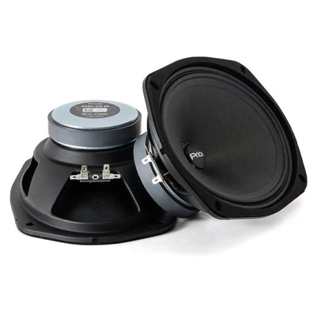 Front and rear views of black oval Pride Ruby Air 69 speakers