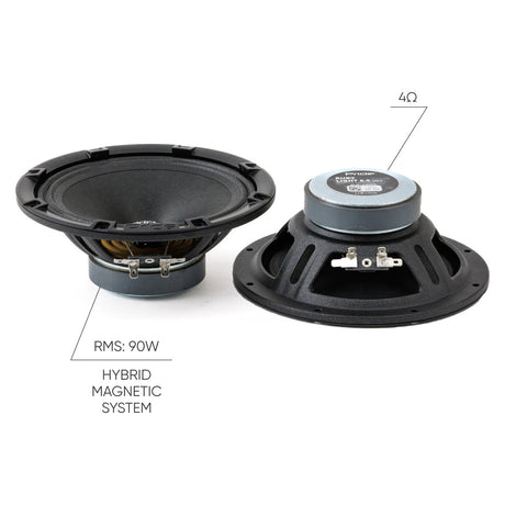 Pride Ruby Light 6.5 v2 speakers in front and rear views, labeled 90W RMS and 4 ohms
