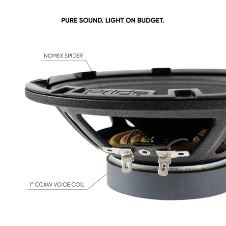 Pride speaker detail identifying a Nomex spider and 1-inch CCAW voice coil