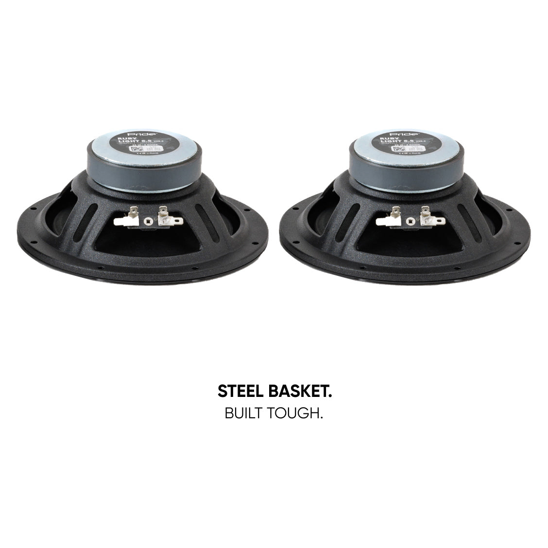 Rear angled view of two Pride speakers with a steel-basket construction callout