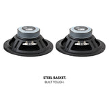 Rear angled view of two Pride speakers with a steel-basket construction callout