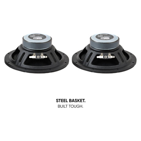 Rear angled view of two Pride speakers with a steel-basket construction callout