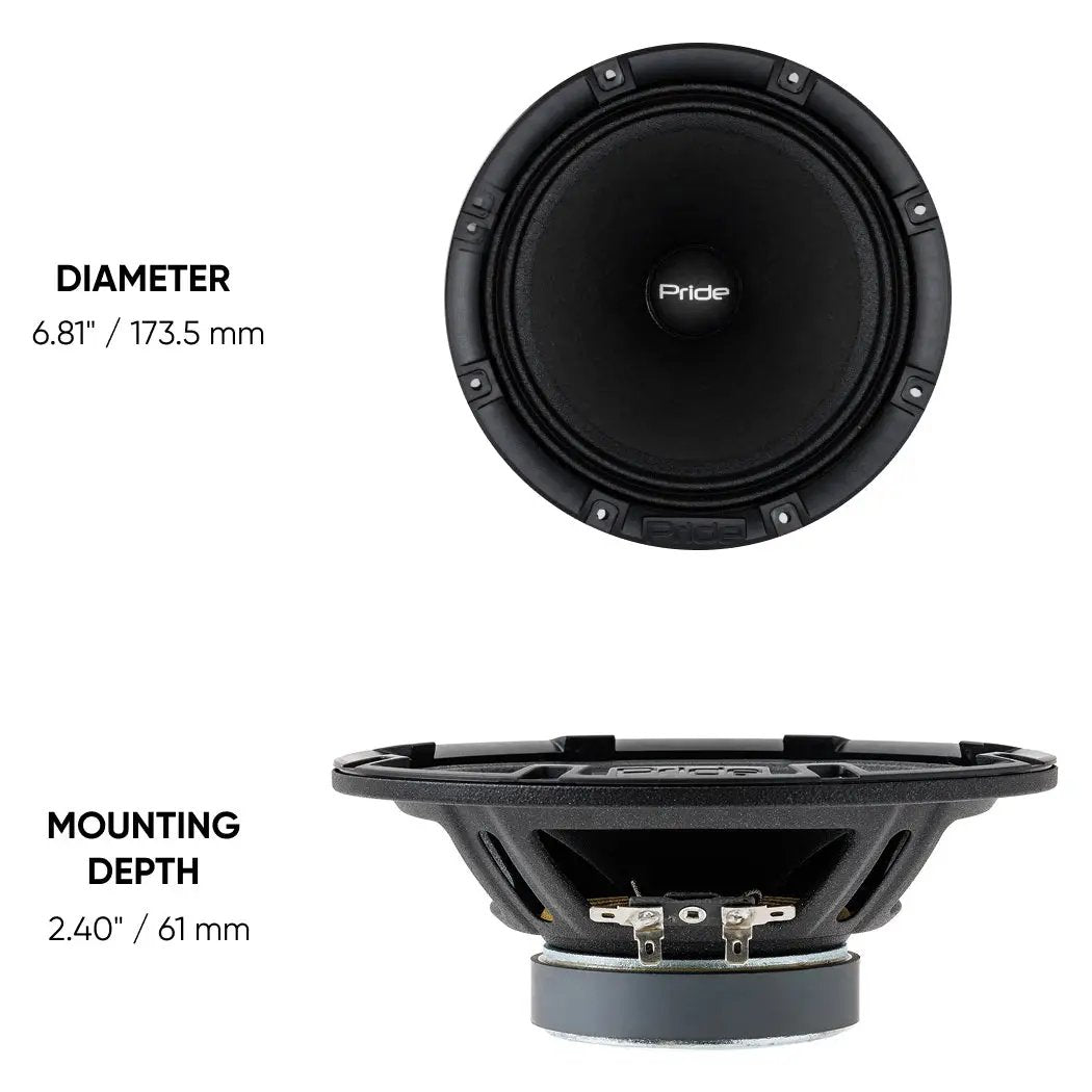 Speaker dimension graphic showing a 173.5 mm diameter and 61 mm mounting depth