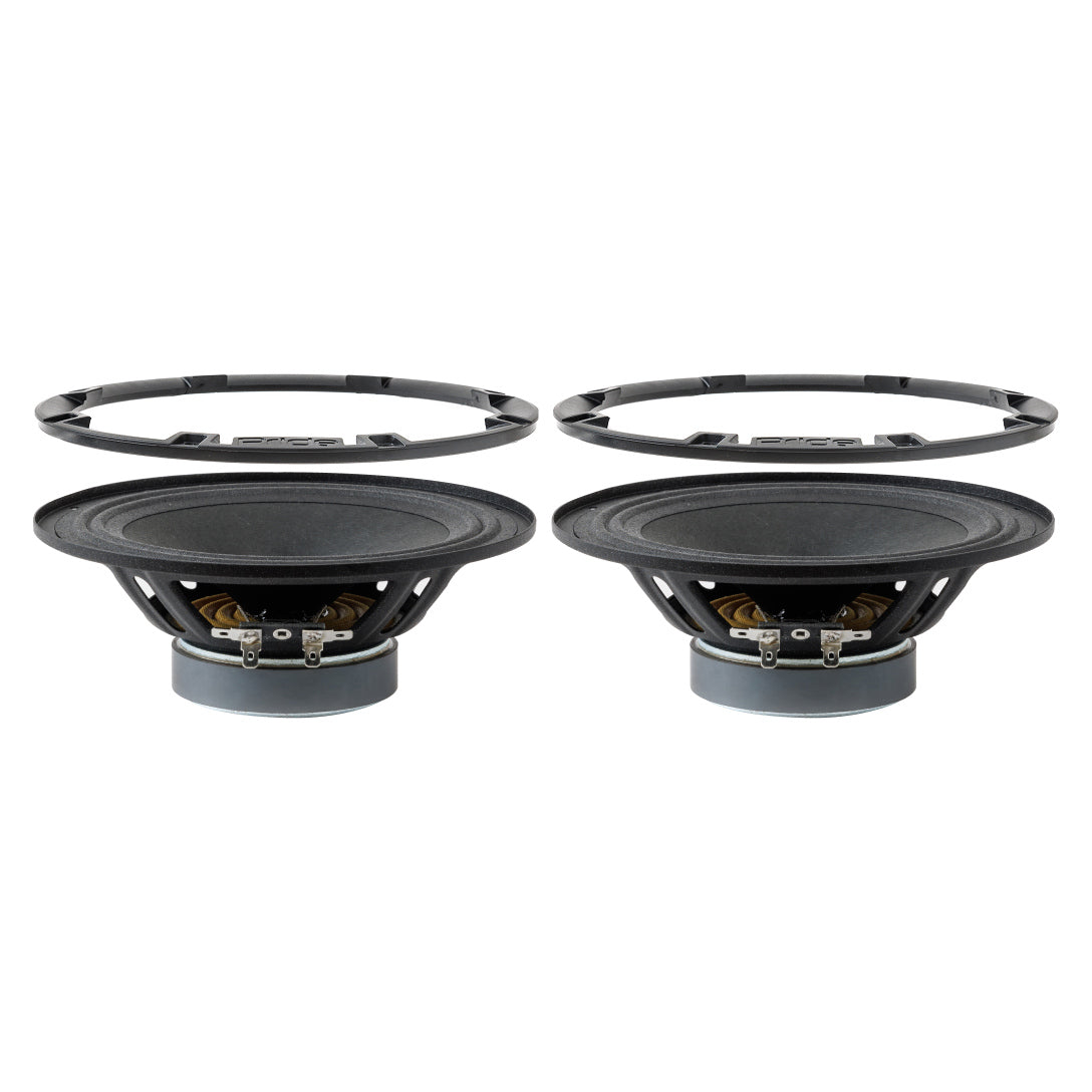 Two Pride speakers with their mounting rings shown separately above the cones