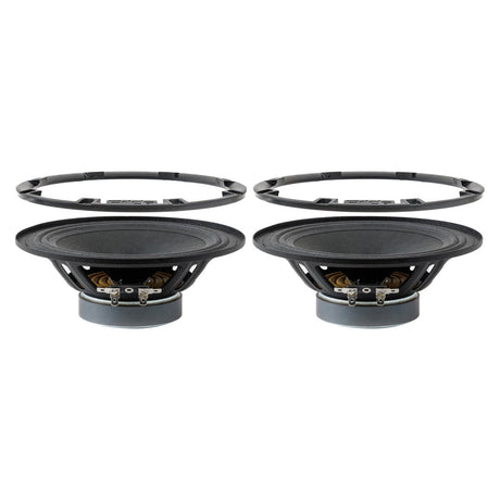 Two Pride speakers with their mounting rings shown separately above the cones