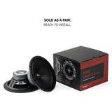 Pride Ruby Light 6.5 v2 speaker pair beside the black and red retail box