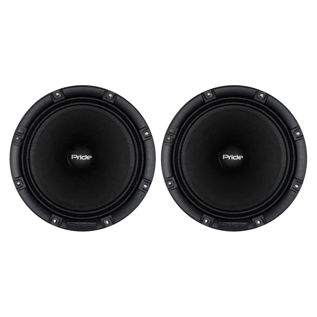 Front view of two black Pride speakers