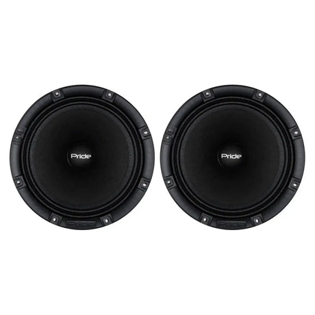 Front view of two black Pride speakers
