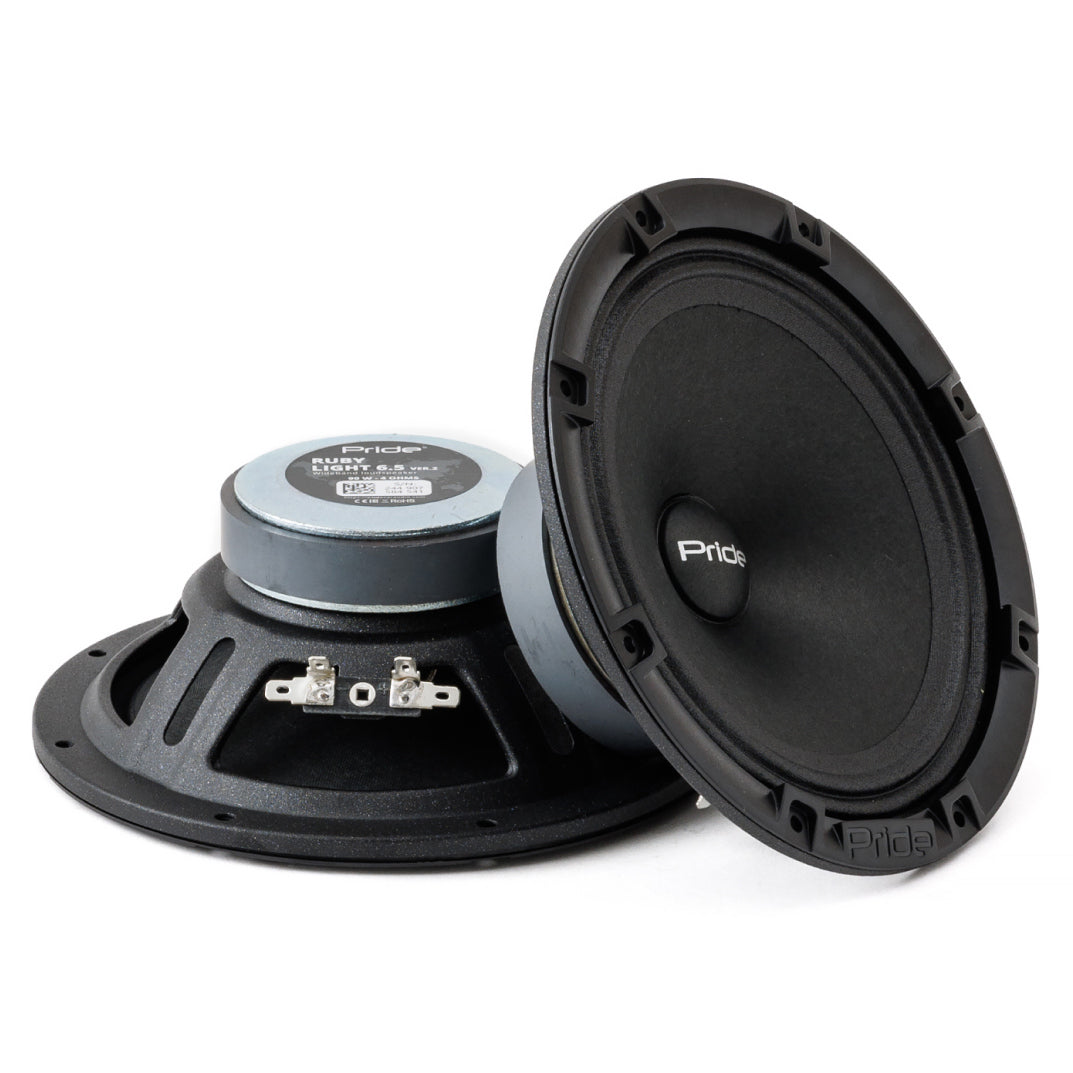Front and rear views of black Pride speakers with silver rear magnets and exposed terminals