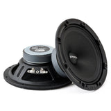 Front and rear views of black Pride speakers with silver rear magnets and exposed terminals