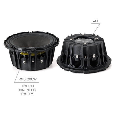 Pride Ruby Performance speaker graphic identifying 200 W RMS, 4-ohm impedance and a hybrid magnetic system