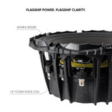 Pride Ruby Performance speaker basket close-up identifying the Nomex spider and 1.5-inch CCAW voice coil