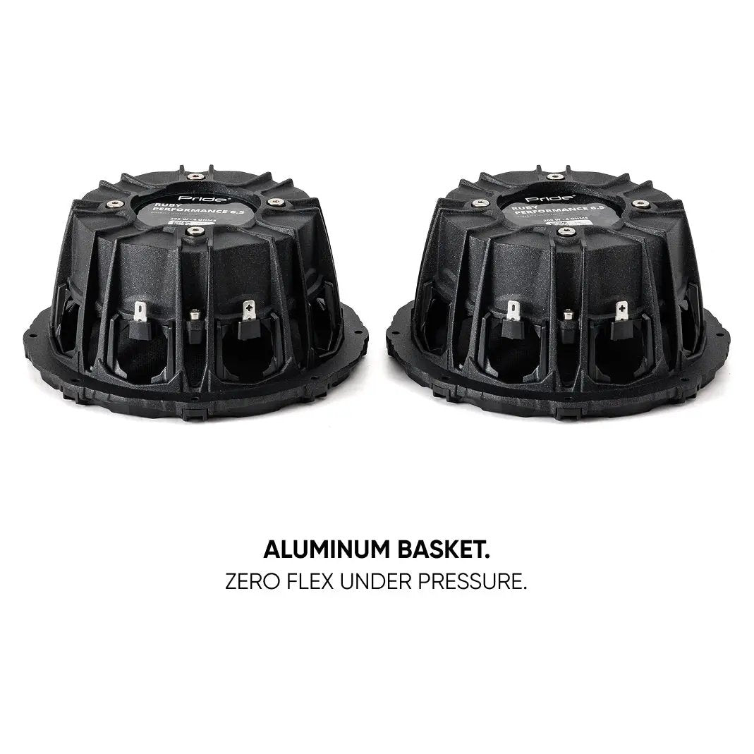 Rear view of two Pride Ruby Performance speakers with a callout identifying their aluminum baskets