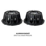Rear view of two Pride Ruby Performance speakers with a callout identifying their aluminum baskets