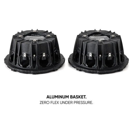 Rear view of two Pride Ruby Performance speakers with a callout identifying their aluminum baskets