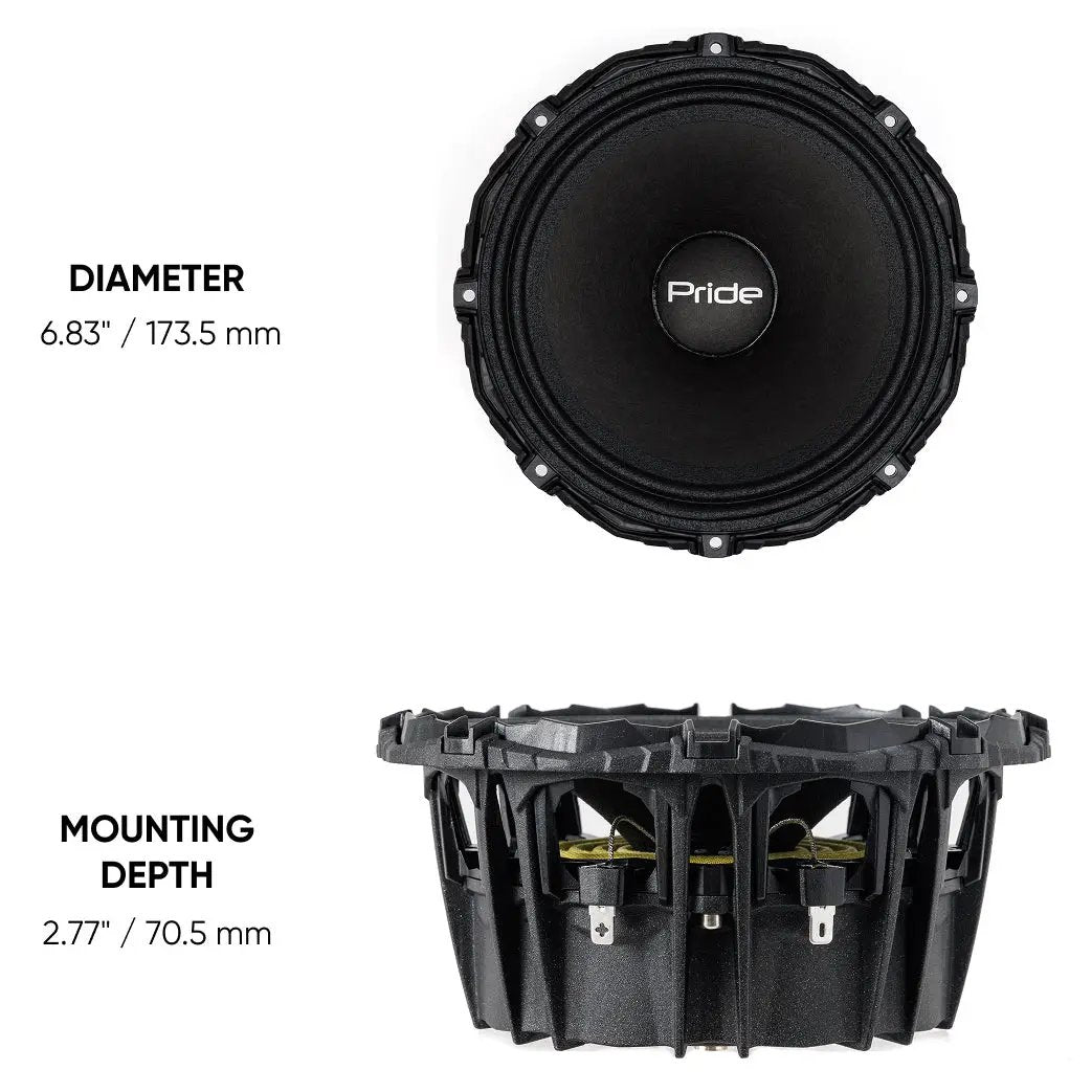 Pride Ruby Performance 6.5 dimensions: 173.5 mm diameter and 70.5 mm mounting depth