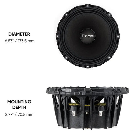 Pride Ruby Performance 6.5 dimensions: 173.5 mm diameter and 70.5 mm mounting depth