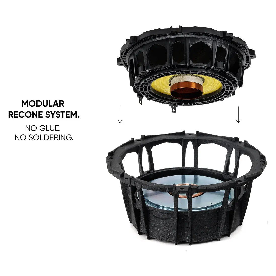 Exploded speaker recone graphic showing a removable cone module with no glue or soldering required