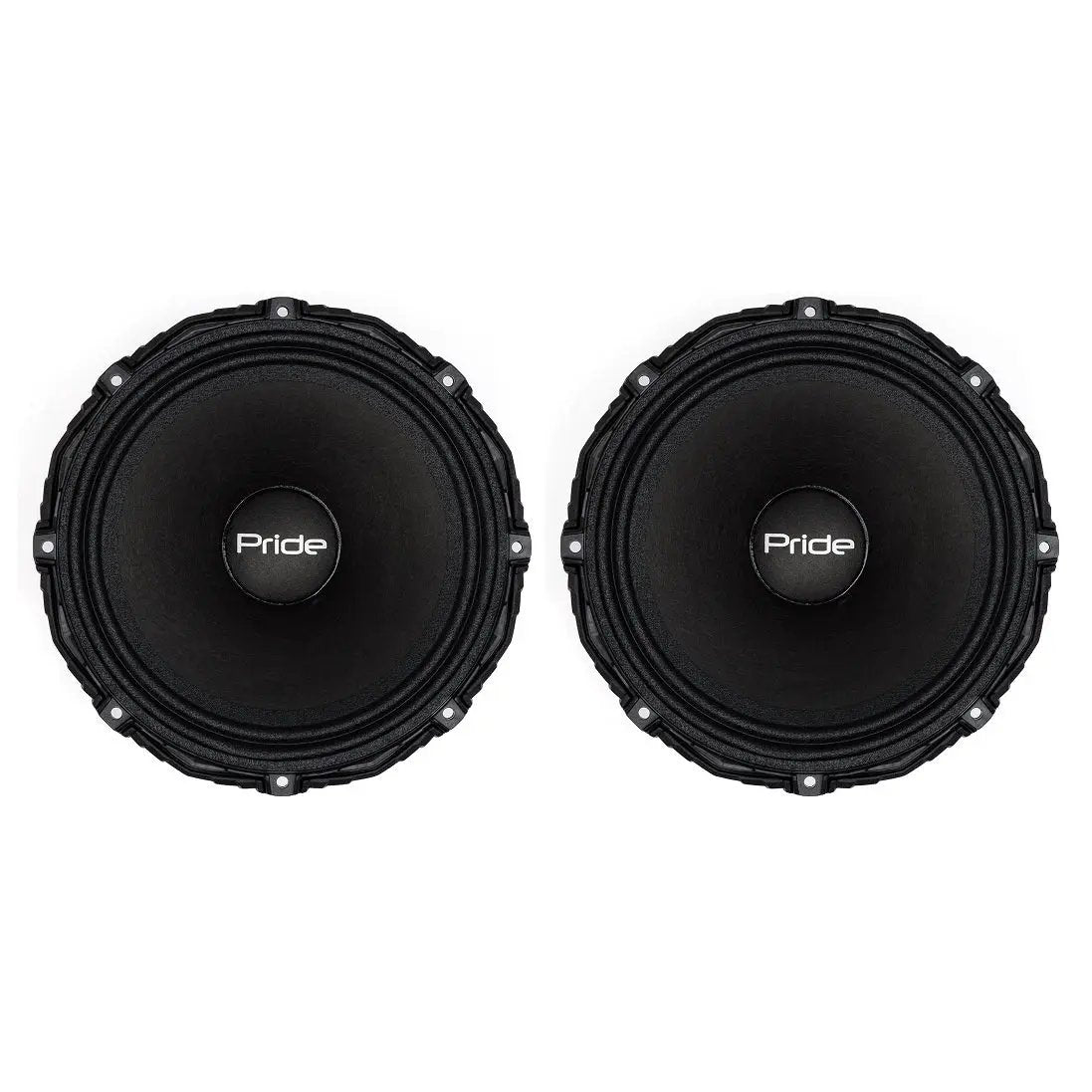 Pair of black Pride speakers shown from the front with domed center caps